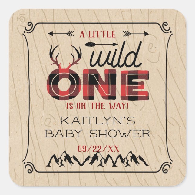 Wild One Boys Rustic Plaid Lumberjack Baby Shower Square Sticker (Front)