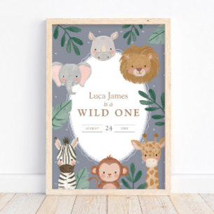 Wild One Boys' Safari Blue 1st Birthday Welcome Poster
