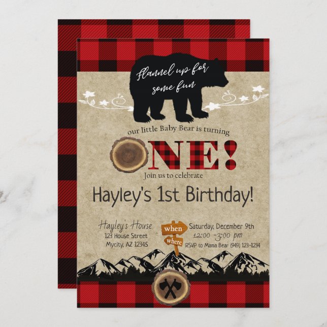 Wild One Buffalo Plaid Little Bear Birthday Invitation (Front/Back)