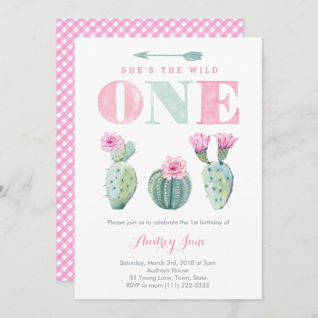 Wild One Cactus 1er anniversaire invitations pour  (Devant / Derrière)