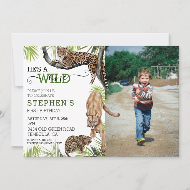 Wild One Cats Leopard Cougar Photo Birthday  Invitation (Front)