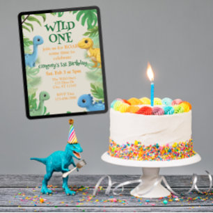 Wild One, colorful, cute dinosaur 1st birthday Invitation