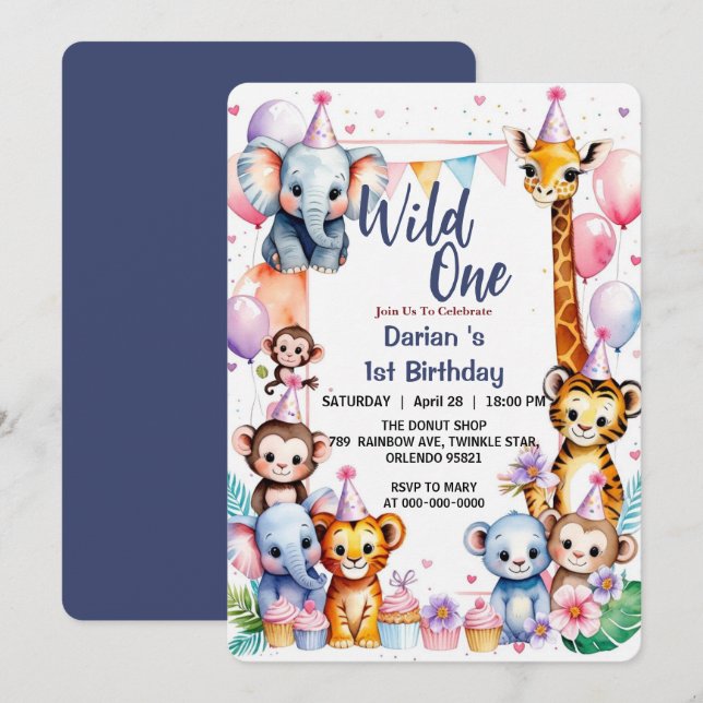 Wild One Cute Animals Balloon Boy 1st Birthday par Invitation (Front/Back)
