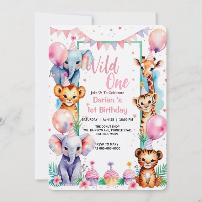 Wild One Cute Animals Balloon cupcake 1st Birthday Invitation (Front)