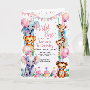 Wild One Cute Animals Balloon cupcake 1st Birthday Invitation