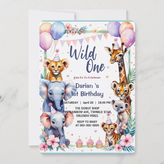 Wild One Cute Animals Balloon cupcake 1st Birthday Invitation (Front)