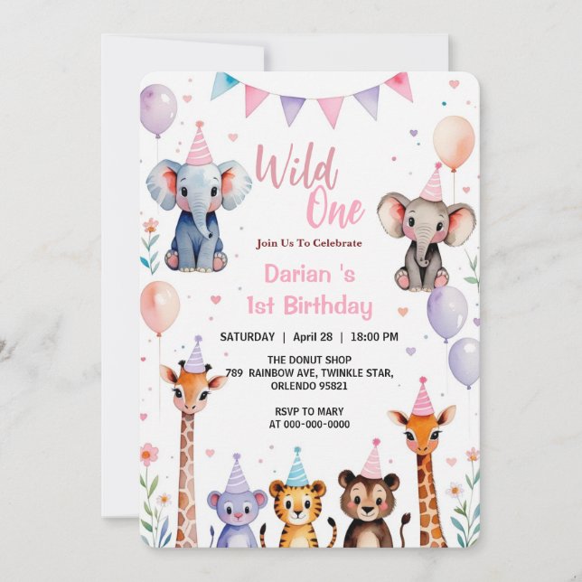Wild One Cute Animals Balloon girls 1st Birthday Invitation (Front)
