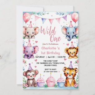 Wild One Cute Animals Balloon girls 1st Birthday Invitation