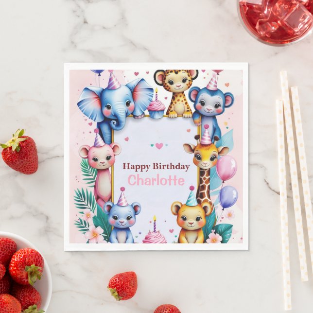Wild One Cute Animals Balloon girls Birthday Napkin (Insitu)