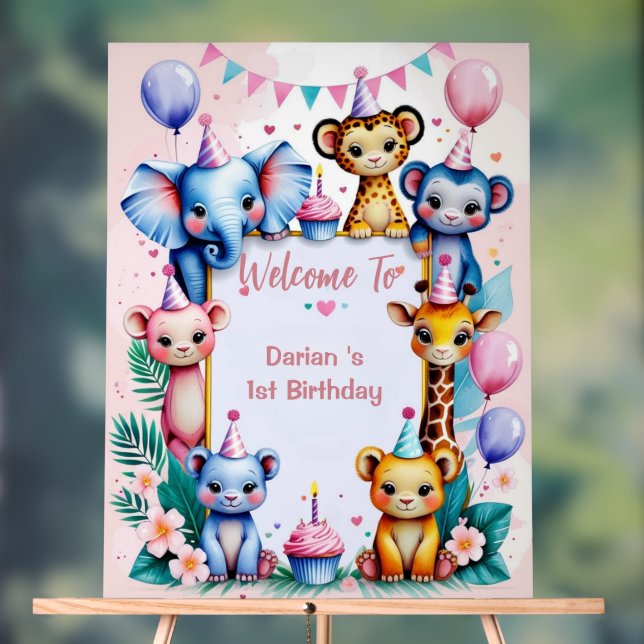 Wild One Cute Animals Balloon kids 1st Birthday Acrylic Sign (Neutral)