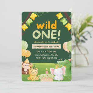 Wild One Cute Animals Birthday Party Invitation 
