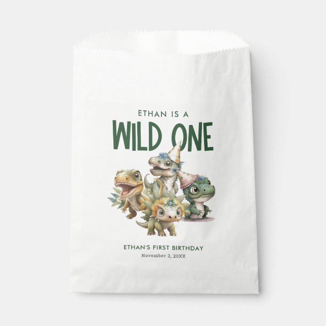 Wild One Cute Dinosaur First Birthday Party Favour Bag (Front)