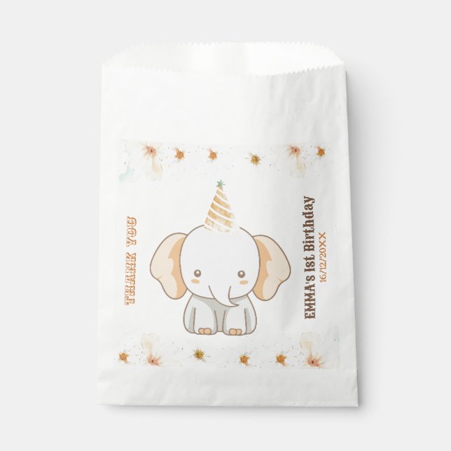 Wild One Cute Elephant 1st Birthday Favour Bag (Front)