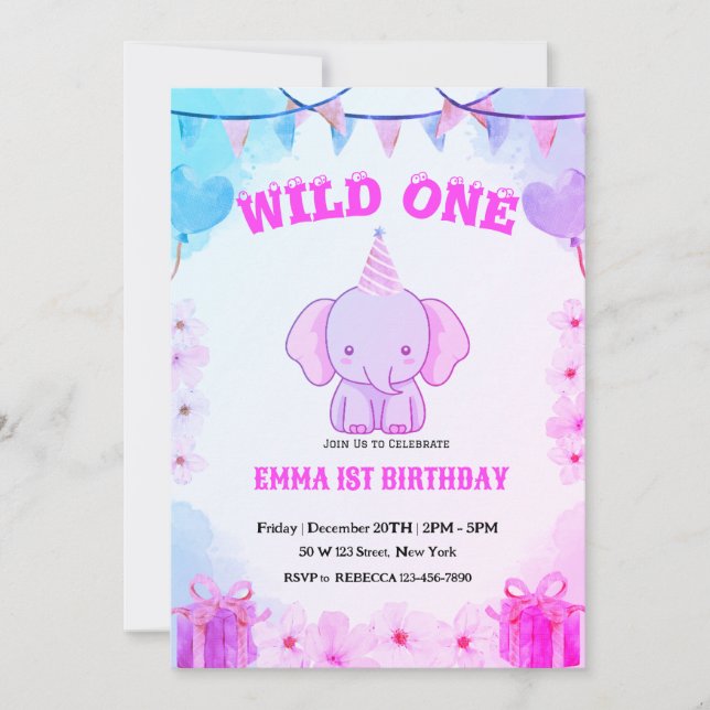Wild One Cute Elephant 1st Birthday Invitation (Devant)