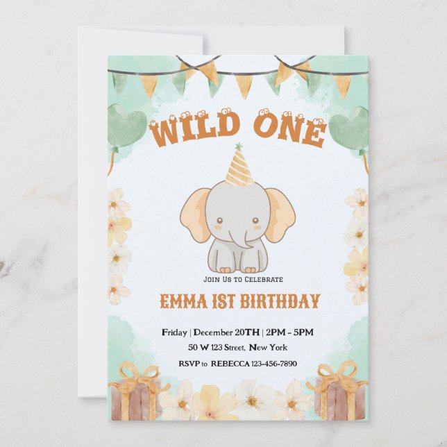 Wild One Cute Elephant 1st Birthday Invitation (Front)