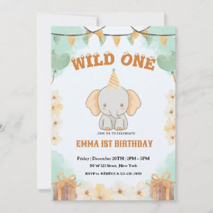 Wild One Cute Elephant 1st Birthday Invitation