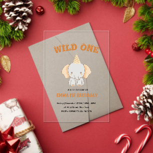 Wild One Cute Elephant 1st Birthday Invitation