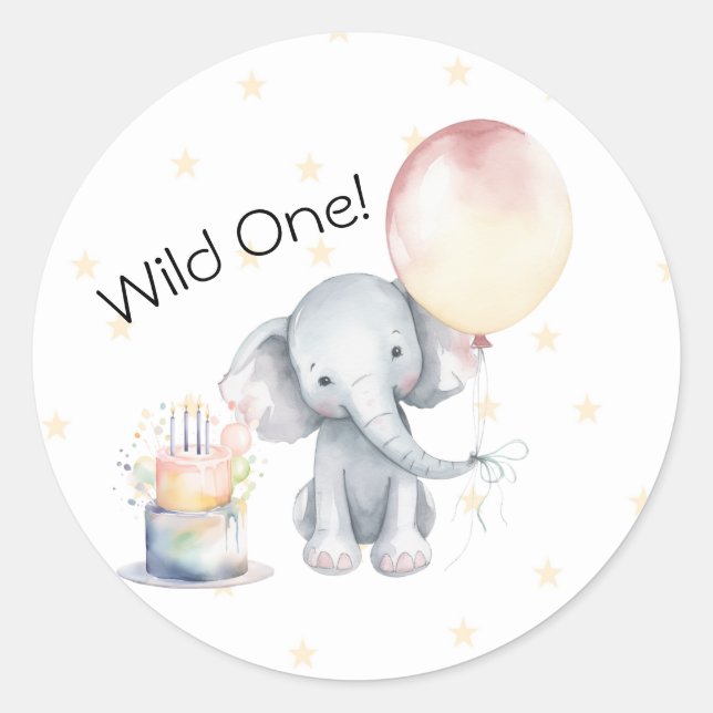 Wild One Cute Elephant Balloon Cake 1st Birthday Classic Round Sticker (Front)