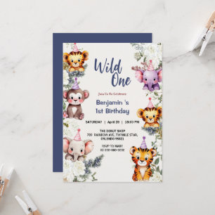 Wild One Cute flowers Animal Child's 1st Birthday Invitation