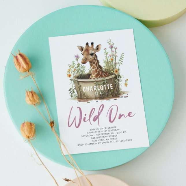 Wild One Cute Giraffe 1st Birthday Photo Animal Invitation (Creator Uploaded)