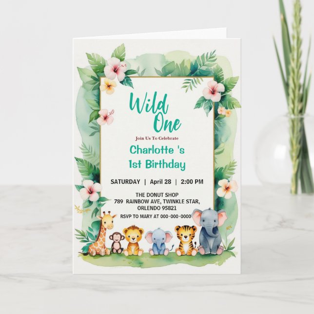 Wild One Cute Jungle Animal Child's 1st Birthday  Invitation (Front)