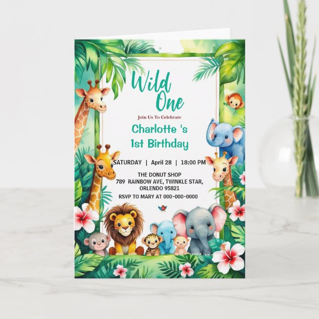 Wild One Cute Jungle Animal Child's 1st Birthday  Invitation (Front)