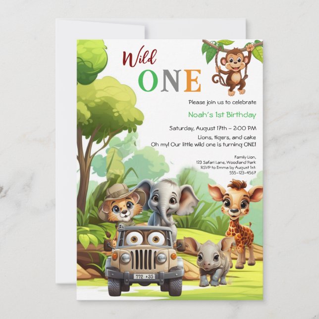 Wild One Cute Jungle Animal Child's 1st Birthday Invitation (Front)