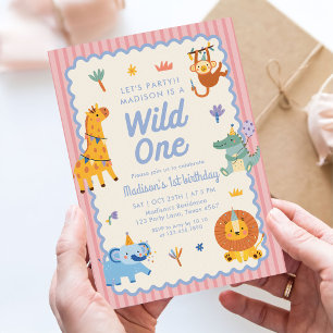 Wild One Cute Safari Animals 1st Birthday Invitation
