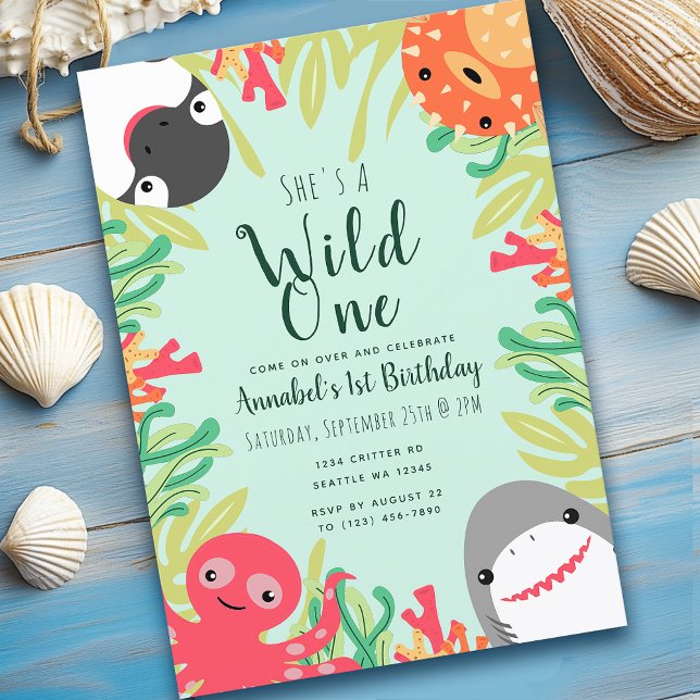 Wild One Cute Sea Animals Kids Birthday Invitation (Creator Uploaded)