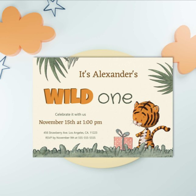 Wild One Cute Tiger Jungle First Birthday Invitati Invitation (Creator Uploaded)
