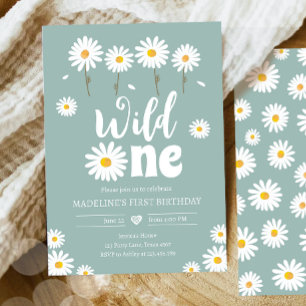 Wild One Daisy Boho Dusty Blue Girl First Birthday Invitation