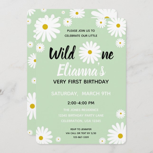 Wild ONE Daisy Flower Girl Birthday Invitation (Front/Back)