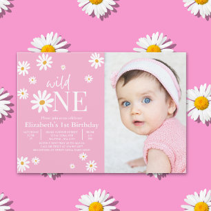 Wild One Daisy Girl First Birthday Photo  Invitation