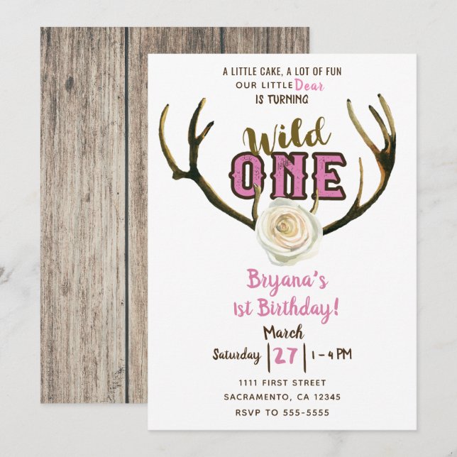 Wild One Deer Antlers Rose Pink 1st Birthday Party Invitation (Front/Back)