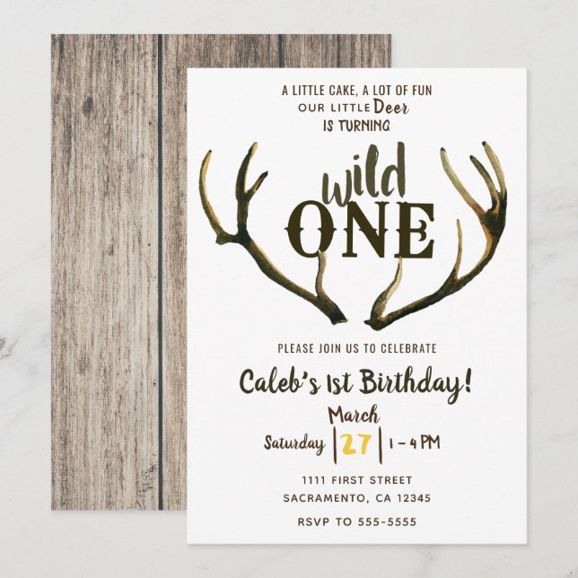 Wild One Deer Antlers Rustic 1st Birthday Party Invitation (Front/Back)