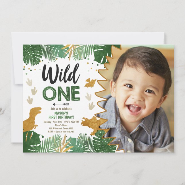 Wild One Dino Party Boy Gold Dinosaur 1st Birthday Invitation (Front)