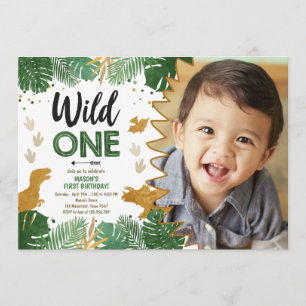 Wild One Dino Party Boy Gold Dinosaur 1st Birthday Invitation