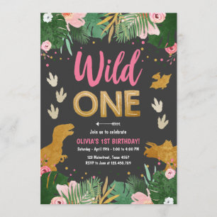 Wild One Dino Party Girl Pink Dinosaur Birthday Invitation