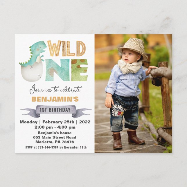 Wild One Dinosaur 1st Birthday Photo Invitation Postcard (Front)