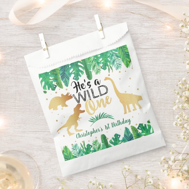 Wild One Dinosaur Boys 1st Birthday Party Favour Bag (Clipped)
