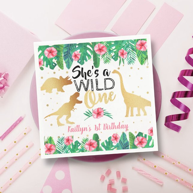 Wild One Dinosaur Girls 1st Birthday Napkin (Creator Uploaded)