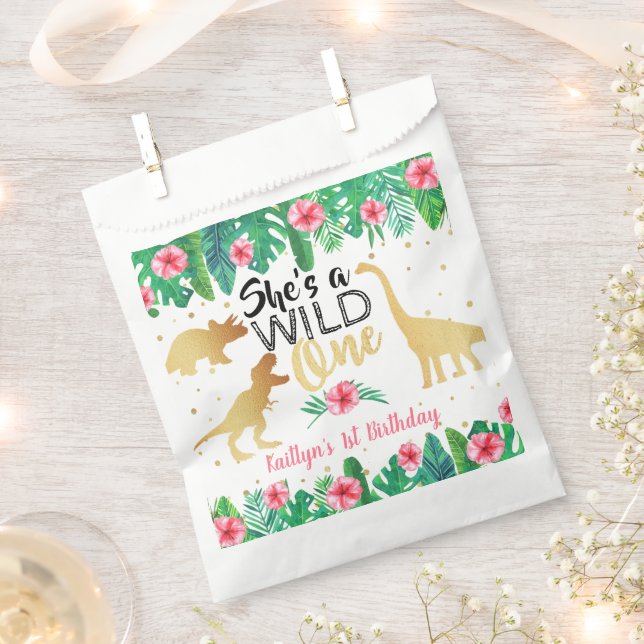 Wild One Dinosaur Girls 1st Birthday Party Favour Bag (Clipped)