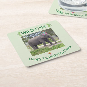 Wild One Elephant Birthday Accent Design Square Paper Coaster