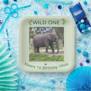 Wild One Elephant First Birthday Celebration Paper Plate