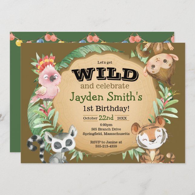 Wild One Exotic Animal Invitation Anniversaire (Devant / Derrière)