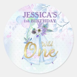 Wild One First Birthday Blue TeePee Boho Classic Round Sticker
