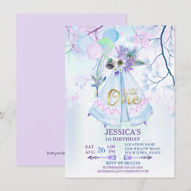 Wild One First Birthday Blue TeePee Boho Invitation (Front/Back)