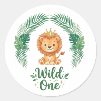 Wild One First Birthday Boy girl Lion King Crown Classic Round Sticker