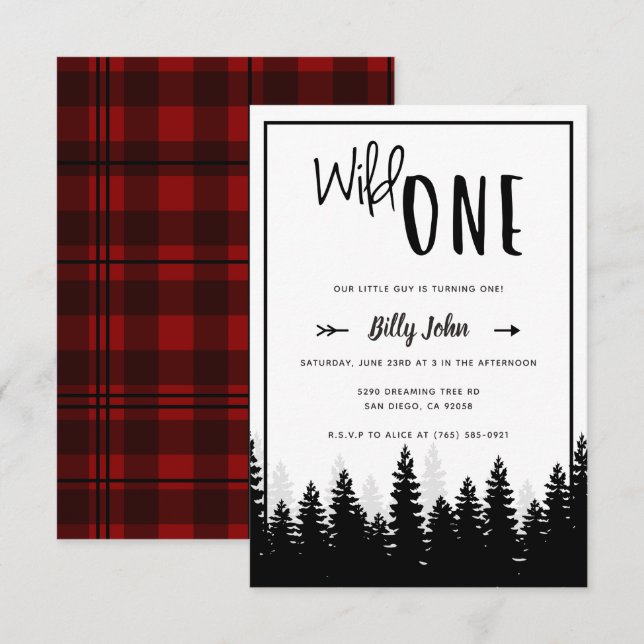 Wild One First Birthday Boy Modern Forest Simple Invitation (Front/Back)