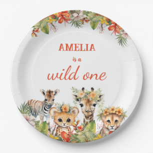 Wild One First Birthday Girl Safari Jungle Animals Paper Plate